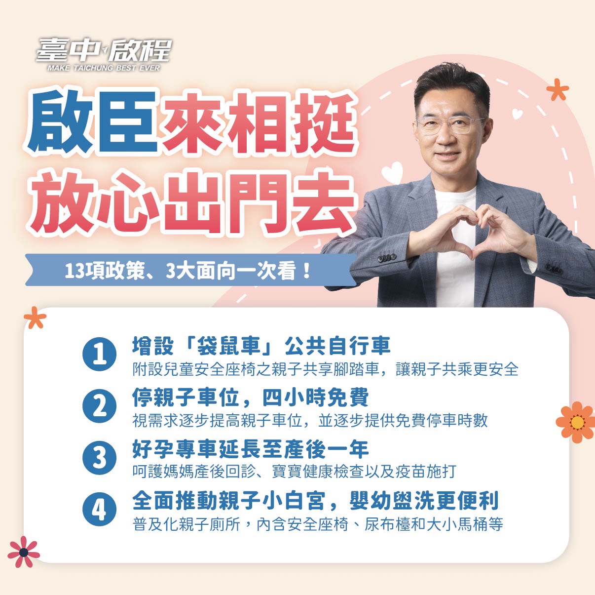 政策圖卡：啟臣來相挺、放心出門去——增設袋鼠車公共自行車、親子車位四小時免費、好運專車延長至產後一年、全面推動親子小白宮